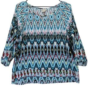 Ariat Blouse Womens Medium Blue Multicolor Good Tiered Hem 3/4 Sleeve Geometric